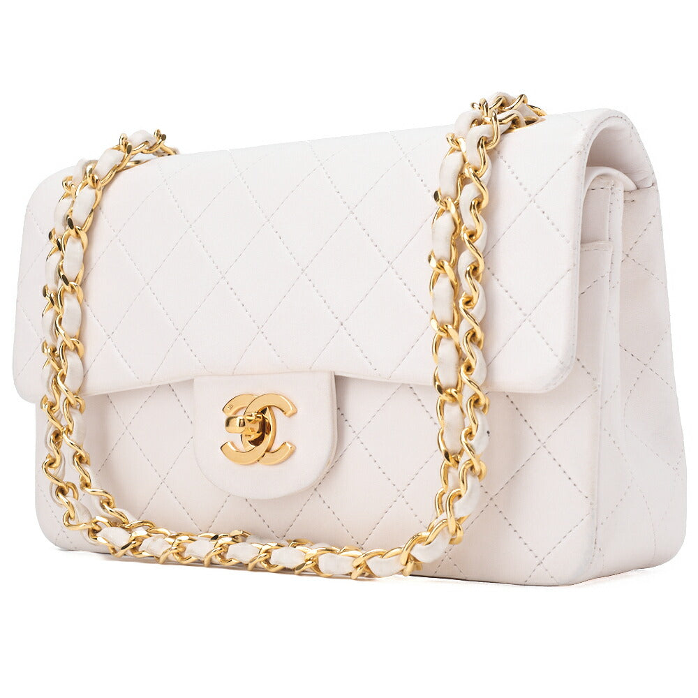 Gebrauchte Umhängetasche Matlasse Double Flap 23cm Kette Schulter Lammleder Weiß Goldfarbene Hardware, Gebraucht