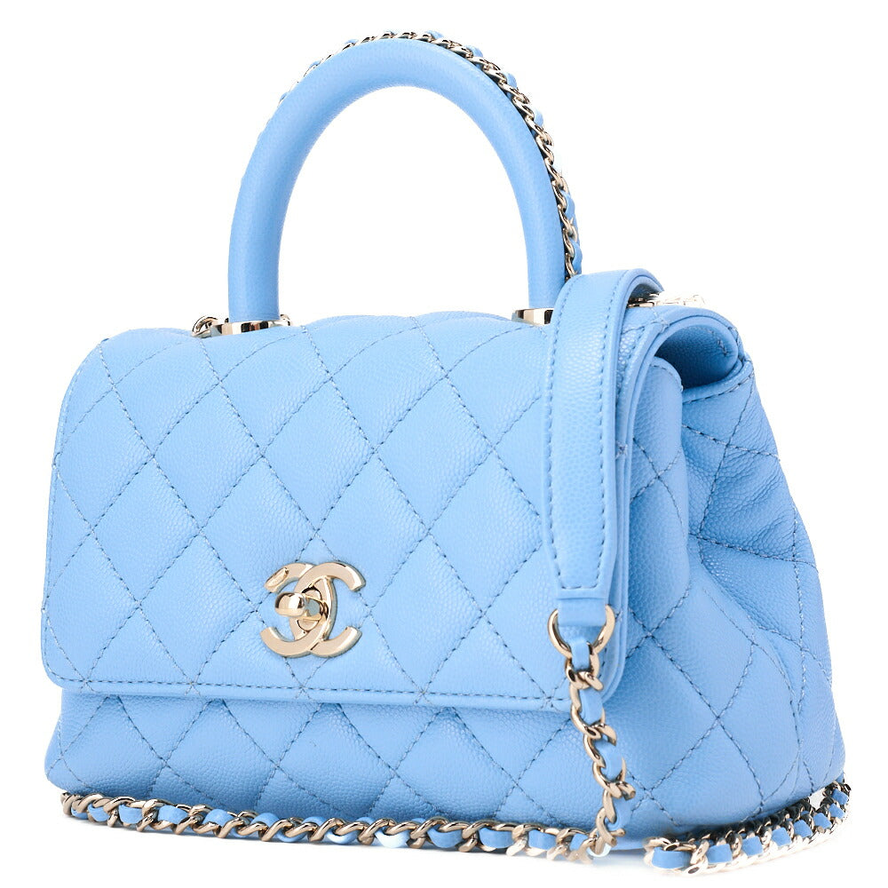 Pre-Owned Shoulder Bag Handbag Matelassé Coco Handle 2WAY Caviar Skin Light Blue Gold-Tone Hardware, Pre-Owned