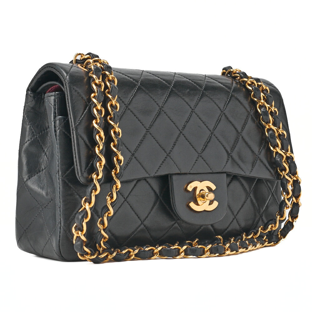 Pre-Owned Chain Shoulder Bag Matelassé Double Flap 23cm Lambskin Black Gold-Tone Hardware, Pre-Owned