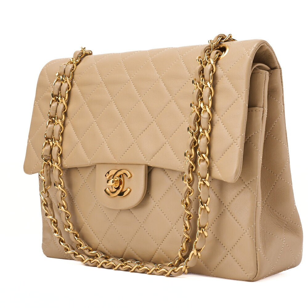 Pre-Owned Matelassé Double Flap 25cm Chain Shoulder Lambskin Beige Gold-Tone Hardware, Pre-Owned