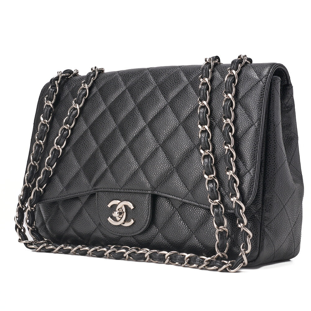 Pre-Owned Chain Shoulder Bag Deca Matelassé 30cm Single Flap Caviar Skin Black Gold-Tone Hardware, Pre-Owned