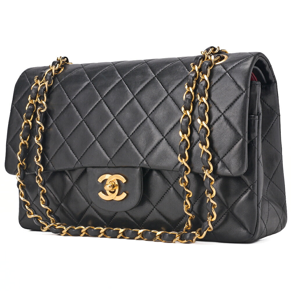 Pre-Owned Shoulder Bag Matelassé Double Flap 25cm Chain Shoulder Lambskin Black Gold-Tone Hardware, Pre-Owned
