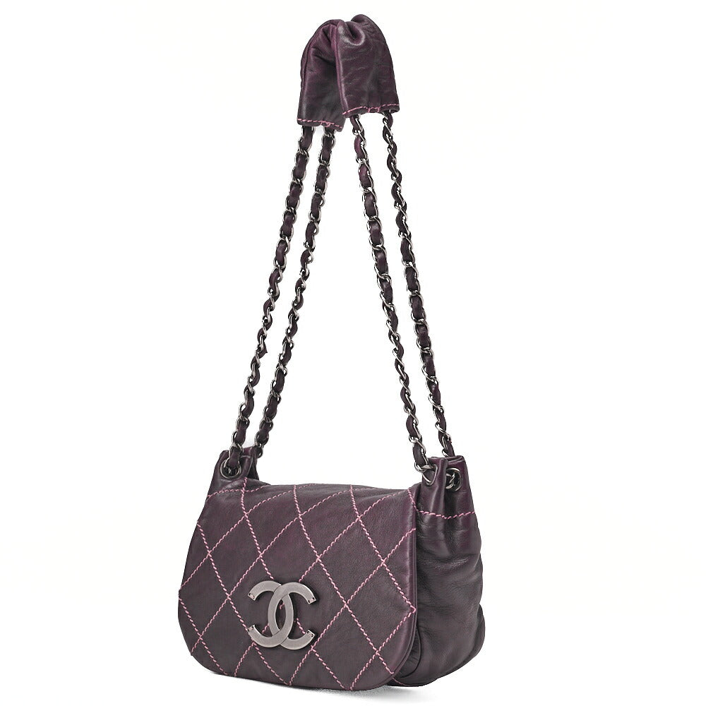 Pre-Owned Shoulder Bag Matelassé Wild Stitch Big Coco Lambskin Purple Silver-Tone Hardware, Pre-Owned