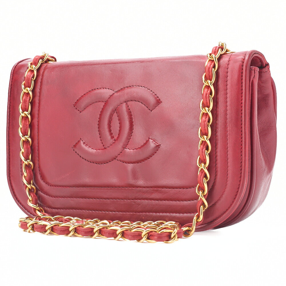 Pre-Owned Chain Shoulder Full Flap Coco Mark Lambskin Red Gold-Tone Hardware, Pre-Owned
