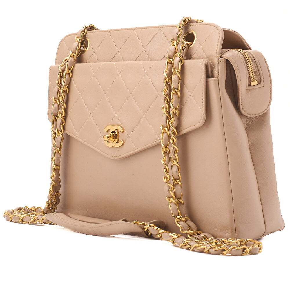 Pre-Owned Chain Shoulder Bag Outside Flap Circle Coco Charm Lambskin Beige Gold-Tone Hardware, Pre-Owned