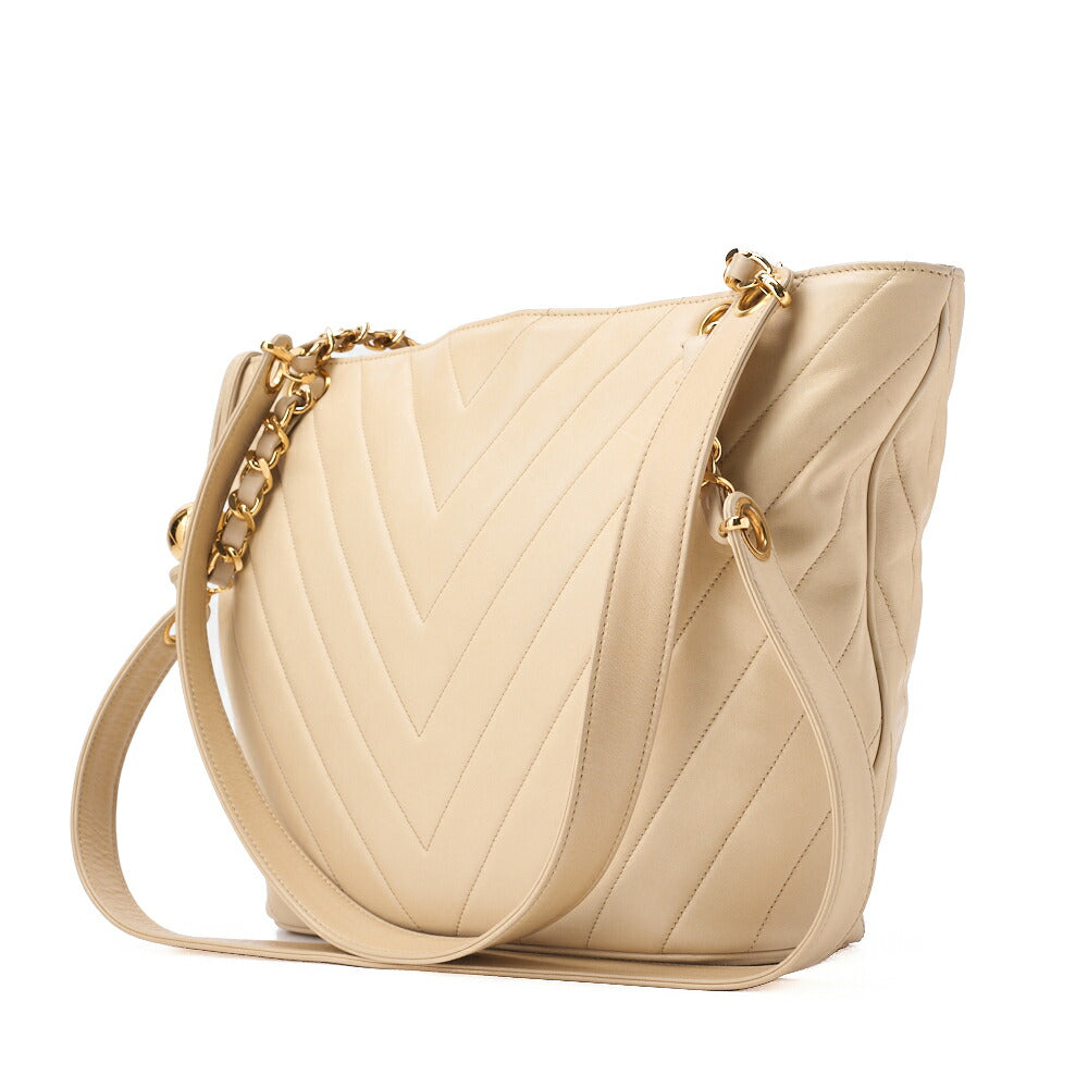 Pre-Owned V-Stitch Ball Charm Chain Shoulder Bag Lambskin Beige Gold-Tone Hardware, Pre-Owned
