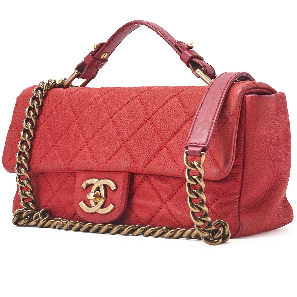 Pre-Owned Chain Shoulder Bag Matelassé Turnlock 2way Caviar Skin Red Gold-Tone Hardware, Pre-Owned