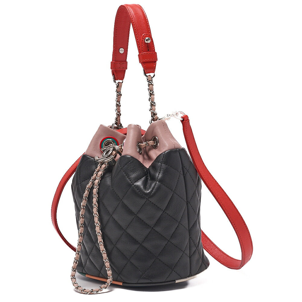 Pre-Owned Coco Mark Circle Coco Drawstring Shoulder Bag Lambskin White Gold-Tone Hardware, Pre-Owned