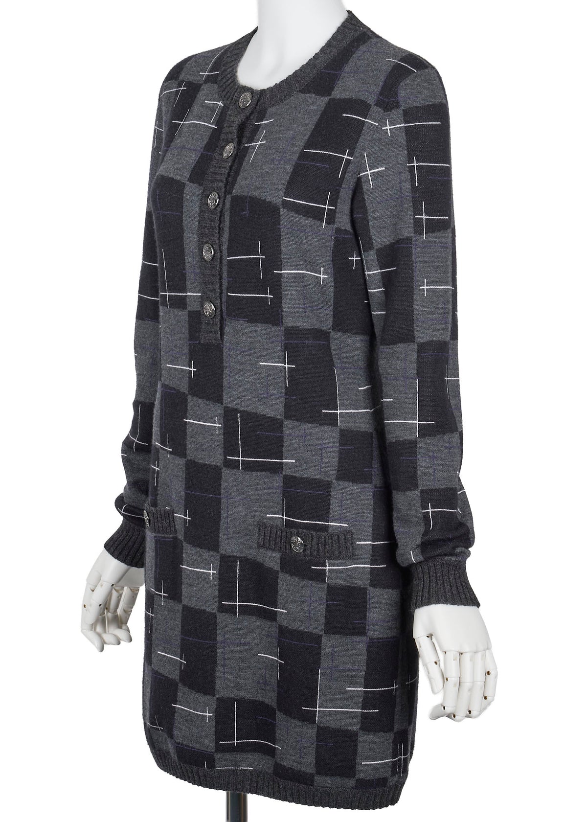 Pre-Owned Coco Button Logo Dress 36 Grey x Multicolor Knit Top Cardigan Branded Silver-Tone Hardware, Pre-Owned