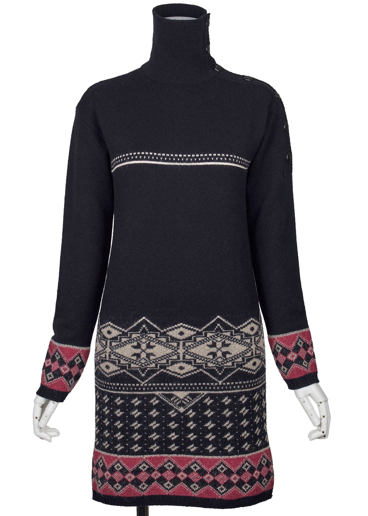 Pre-Owned Coco Button Knit Dress 34 Navy Top Skirt Long Sleeve Branded Silver-Tone Hardware, Pre-Owned