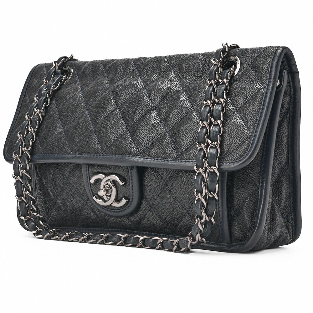 Pre-Owned Chain Shoulder Bag Matelassé Single Flap Turnlock Caviar Skin Navy Silver-Tone Hardware, Pre-Owned
