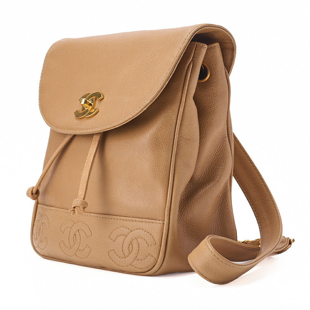 Pre-Owned Backpack Caviar Skin Triple Coco Turnlock Beige Gold-Tone Hardware, Pre-Owned