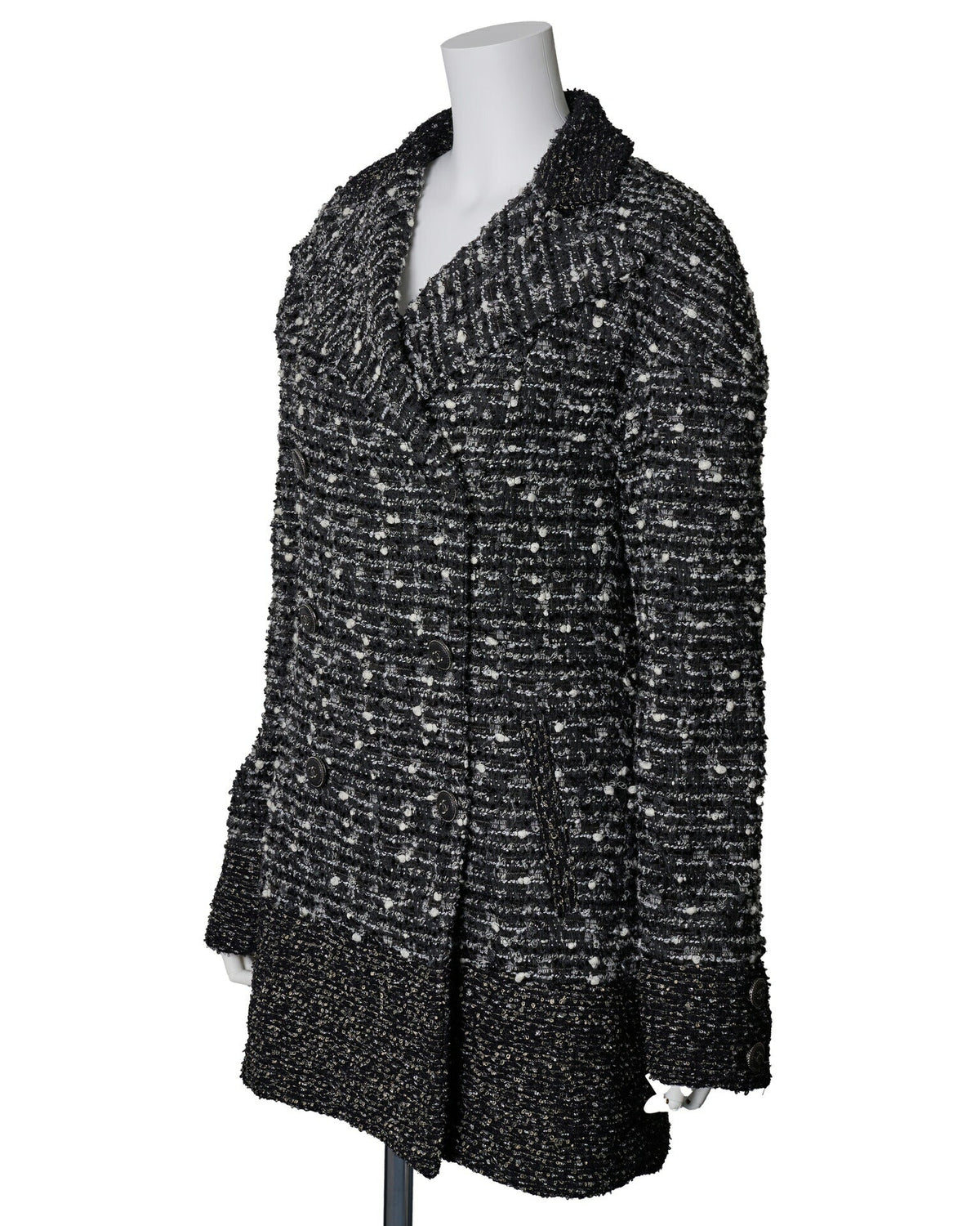 Gebrauchte Manteljacke, Coco Mark Button, Tweed, Nylonseide, Schwarz, goldfarbene Hardware, gebraucht