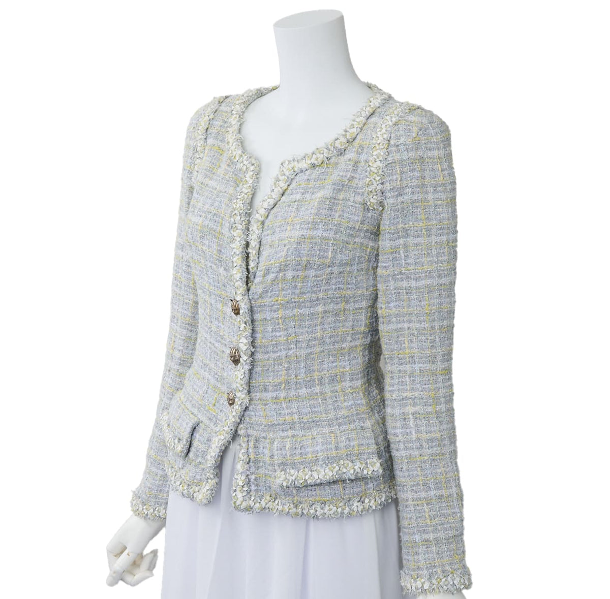 Gebrauchte Jacke, Tweed, ohne Kragen, Baumwollmischung, blau, silberfarbene Metallteile, gebraucht