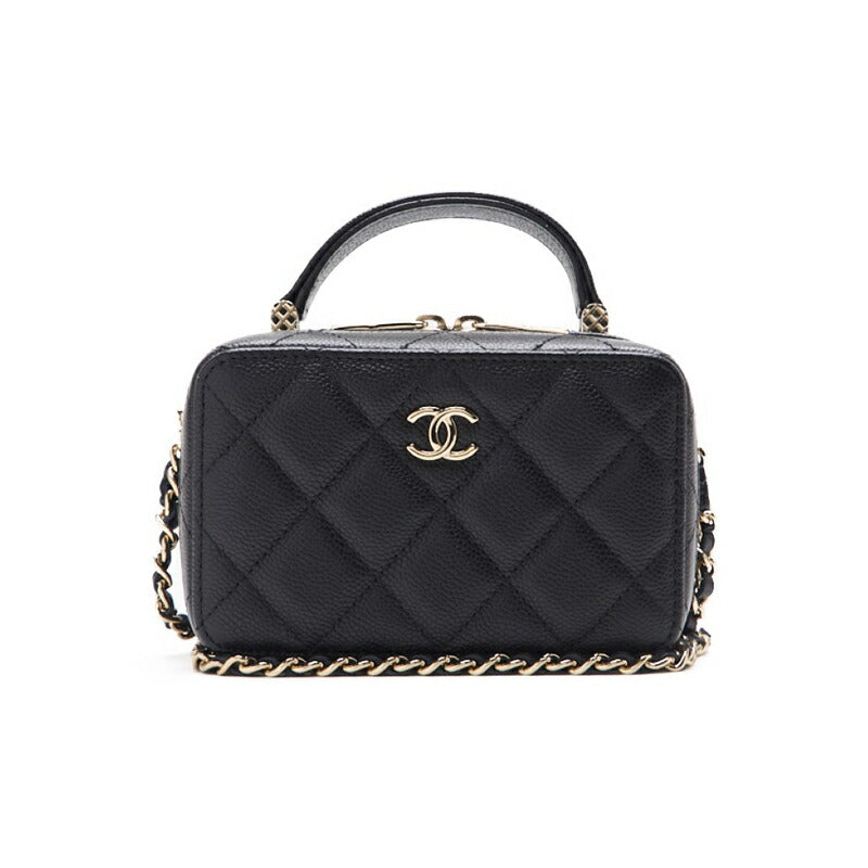 Gebrauchte Mini-Handtasche 2WAY Matelassé-Kette Schulter Caviar Skin Schwarz Goldfarbene Hardware Gebraucht