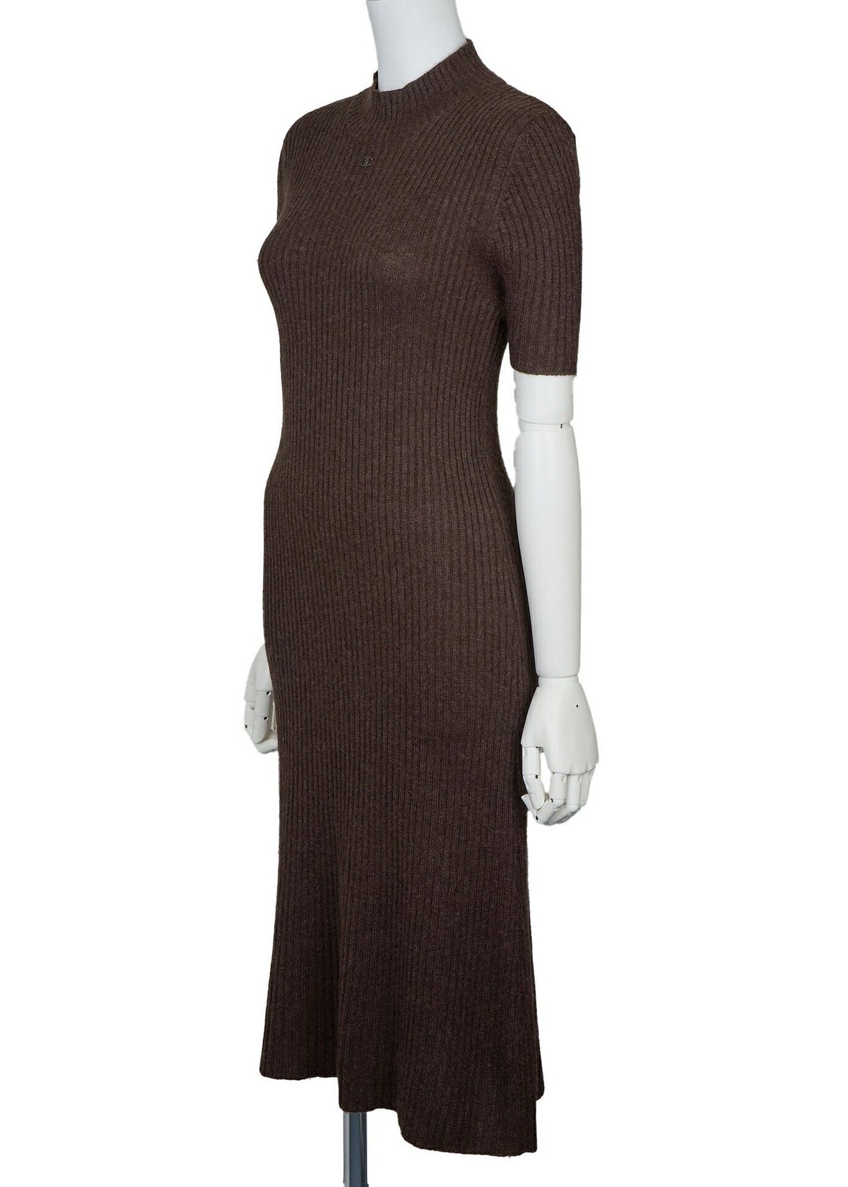 Pre-Owned Kleid, Strick, Kaschmir-Viskose-Nylon-Mischung, Braun, Goldfarbene Metallteile, Pre-Owned