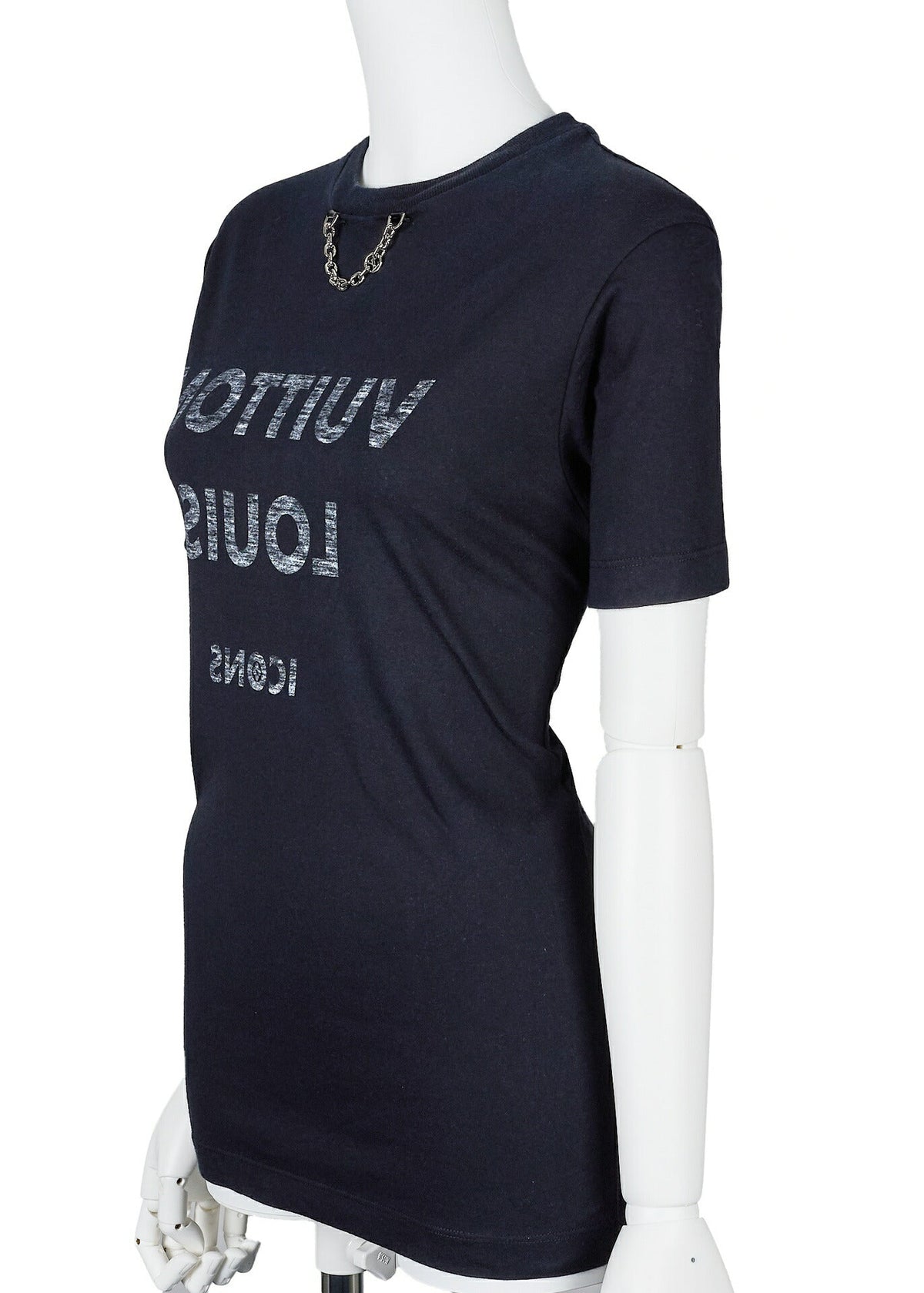 Gebrauchtes Vuitton T-Shirt, Kettendetail, Cut-and-Sew, Baumwolle, Schwarz, silberfarbene Metallteile, Gebraucht