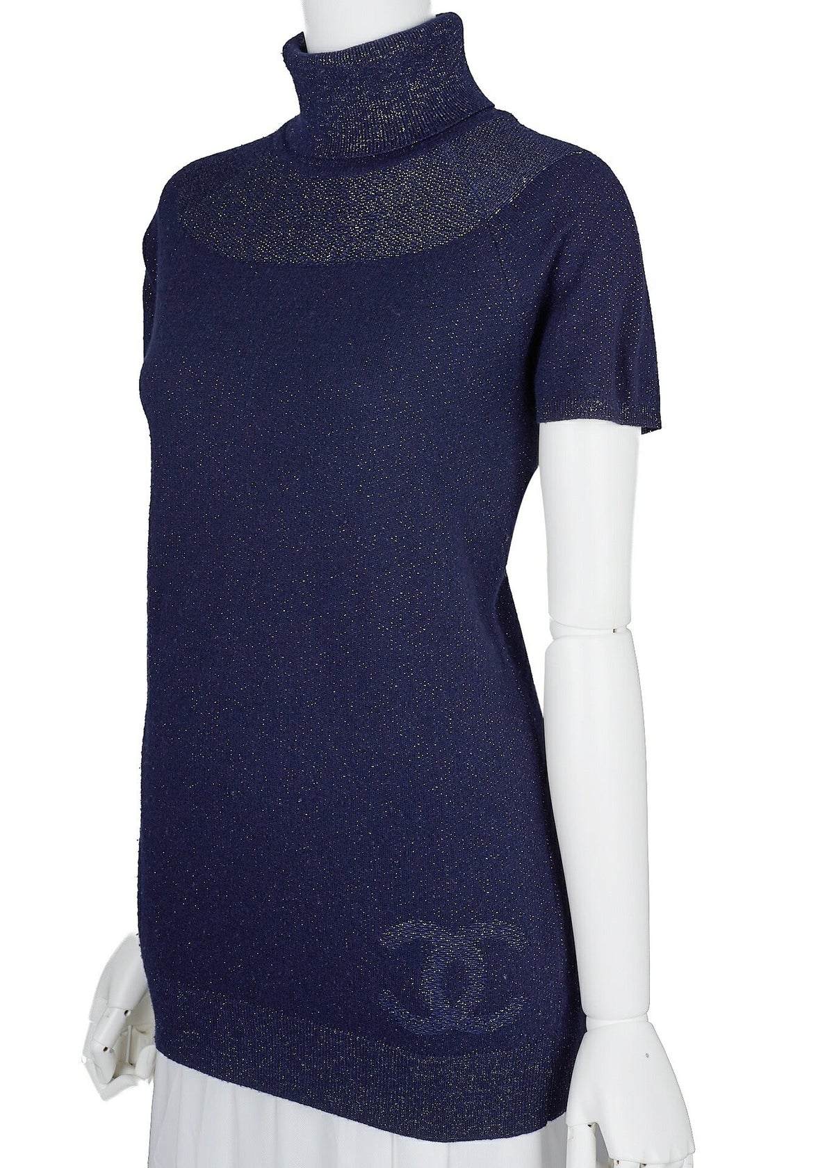 Gebrauchtes T-Shirt, Coco Mark, Kurzarm, Strick, Woll-Kaschmir-Mischung, Marineblau, Goldfarbene Metallteile, Gebraucht