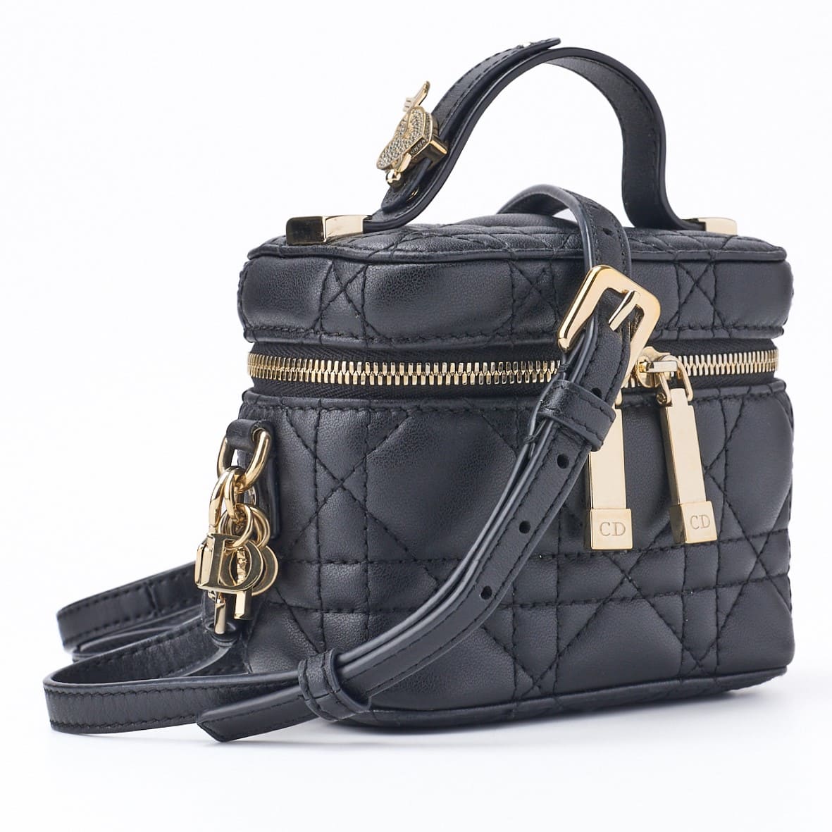 Gebrauchte Lady Vanity Cannage 2WAY Schultertasche Lammleder Schwarz Goldfarbene Hardware Gebraucht