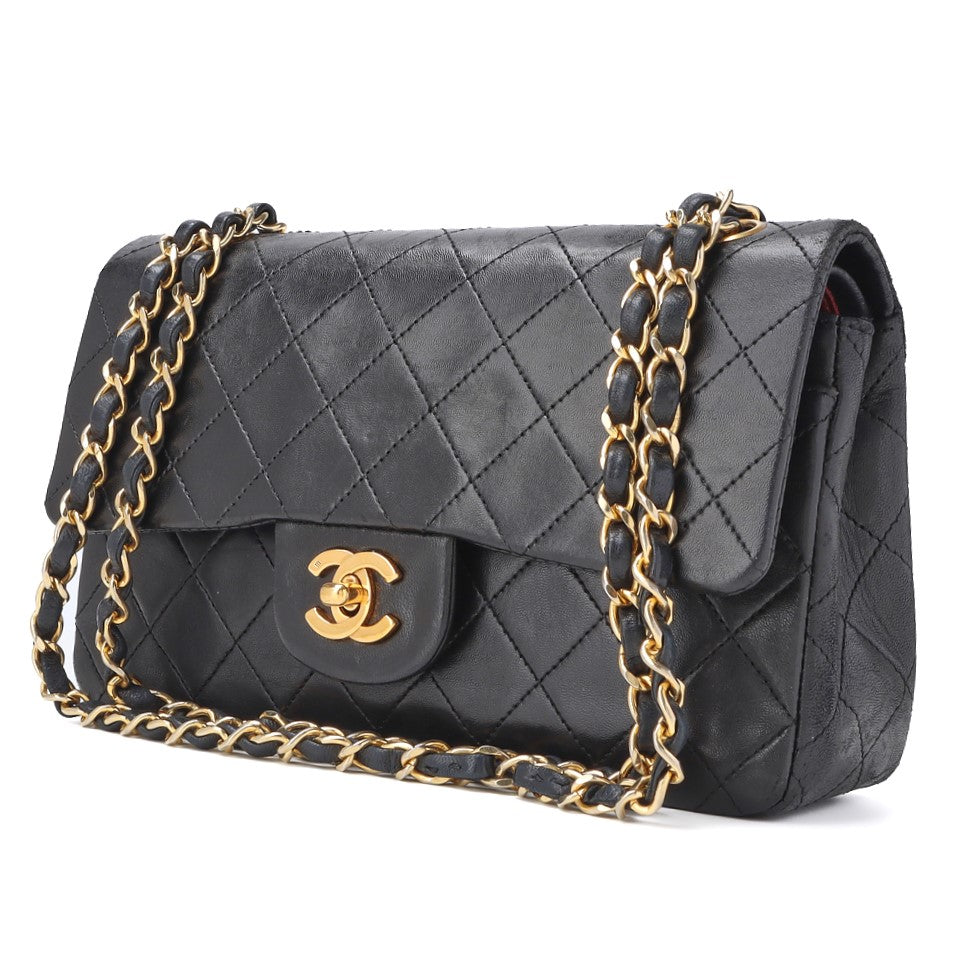 Pre-Owned Schultertasche, Matelassé Doppelklappe, Lammleder, Schwarz, Goldfarbene Hardware, Pre-Owned