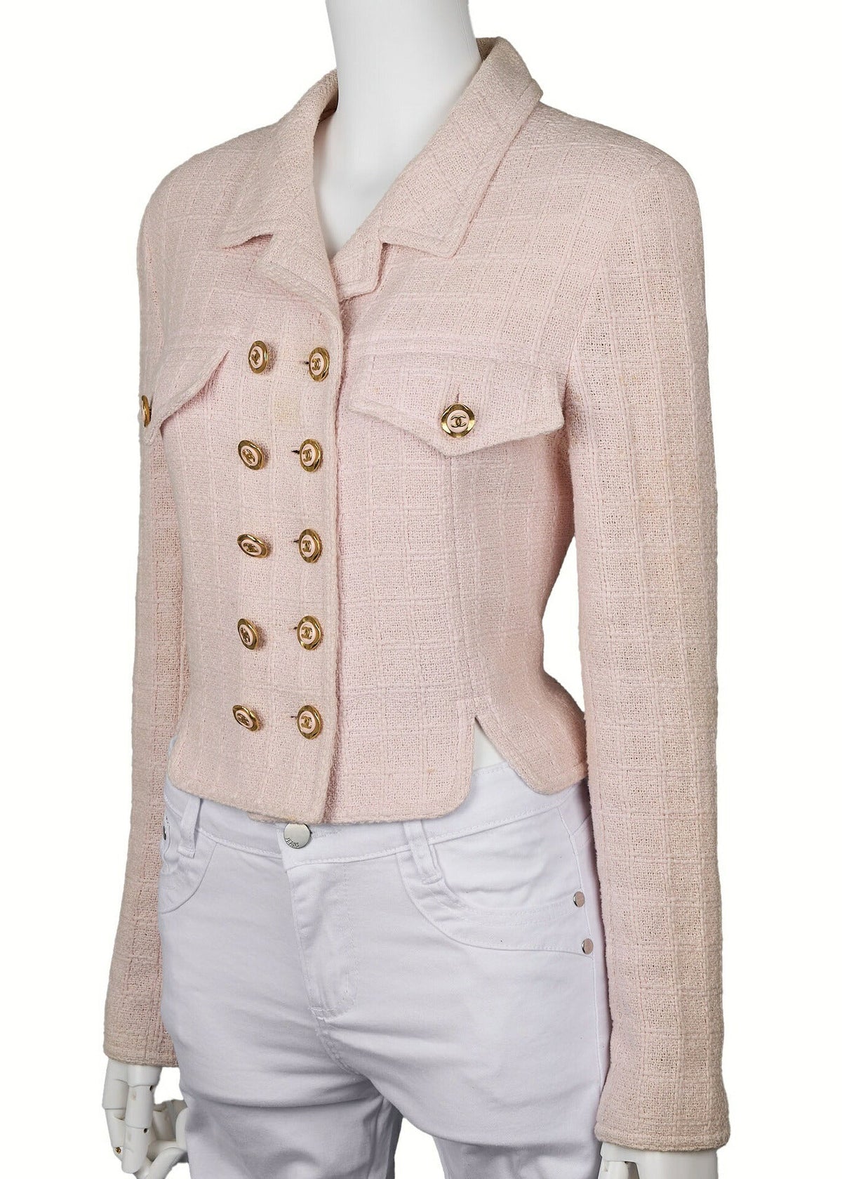 Gebrauchte Jacke, Coco Button, Tweed, Baumwolle, Pink, Goldfarbene Hardware, Gebraucht