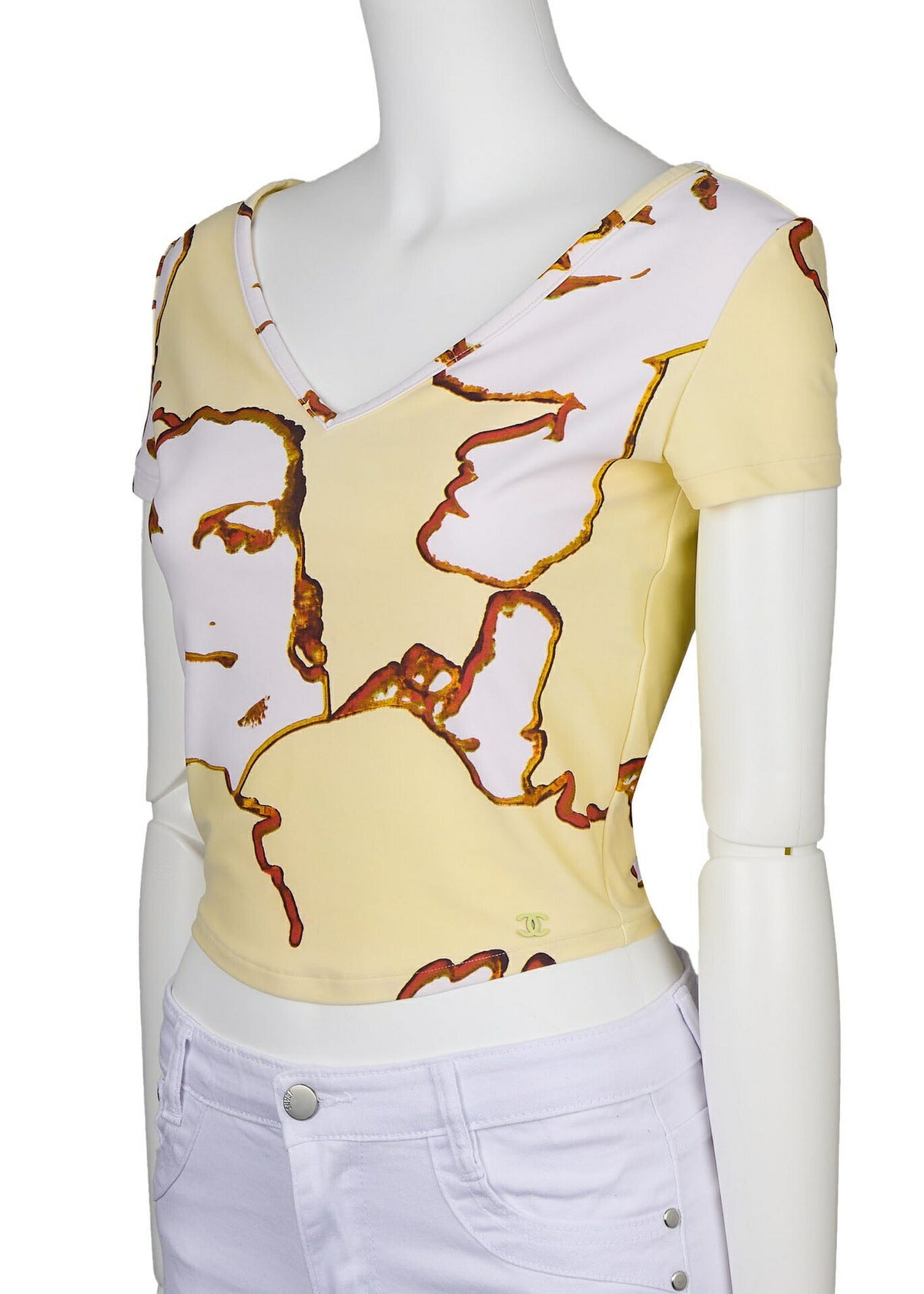 Pre-Owned T-Shirt, Coco Mark Total Pattern, Kurzarm, Baumwolle, Gelb, Goldfarbene Hardware, Pre-Owned
