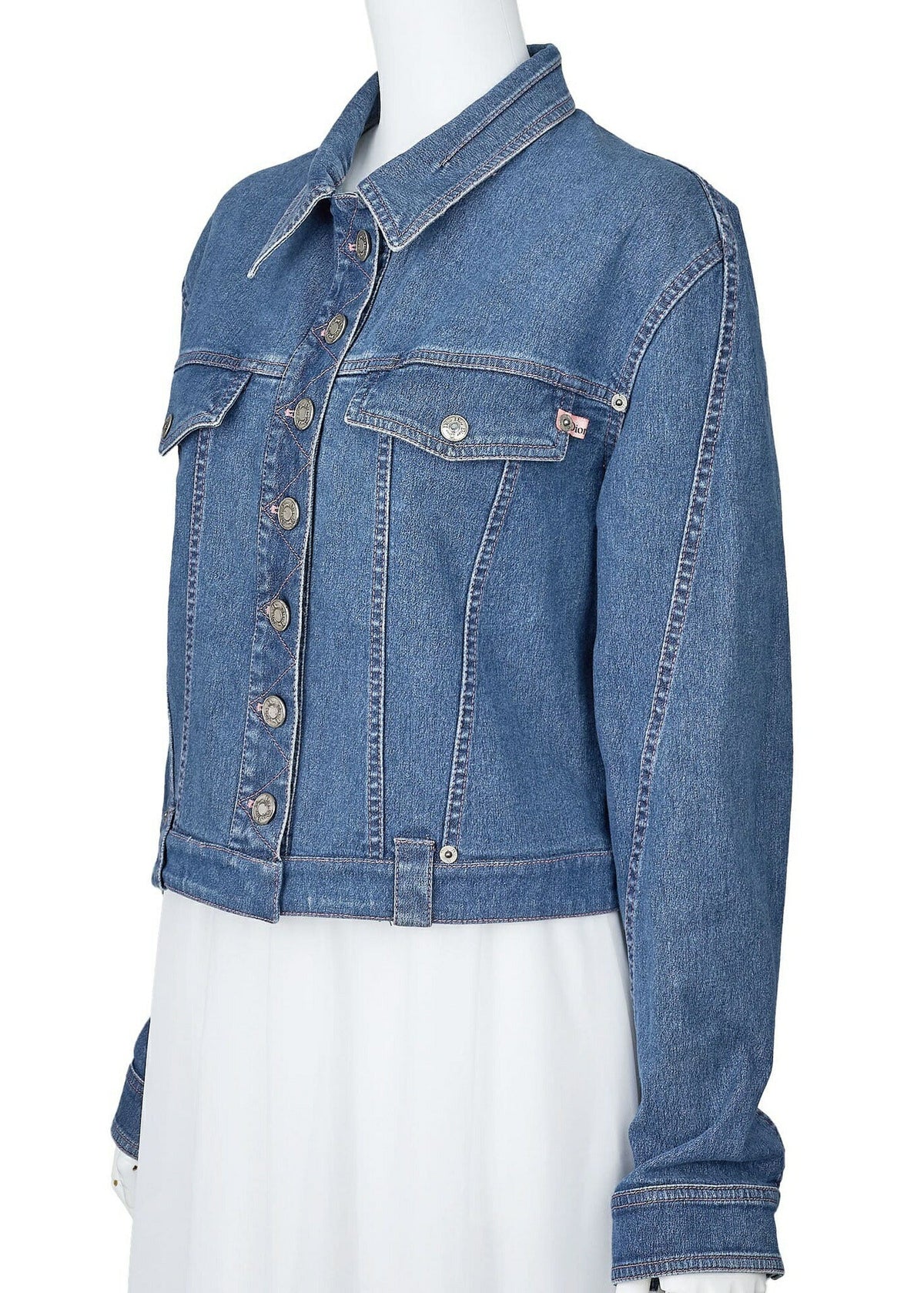 Gebrauchte Jeansjacke, Logoknopf, Langarm, Baumwolle, Blau, Silberfarbene Hardware, Gebraucht