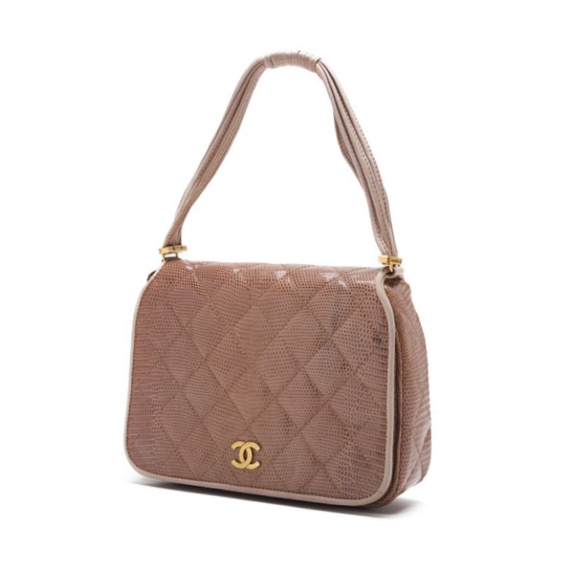 Gebrauchte Handtasche Matelassé Push Lock Full Flap Lizard Beige Gold-Tone Hardware Pre-Owned