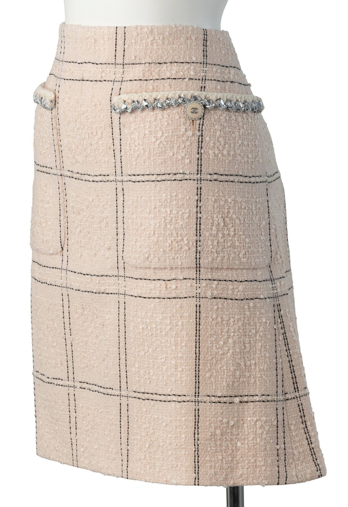 Gebrauchter Rock, Coco-Knopf, Tweed, Wolle, Rosa, Silberfarbene Hardware, Gebraucht
