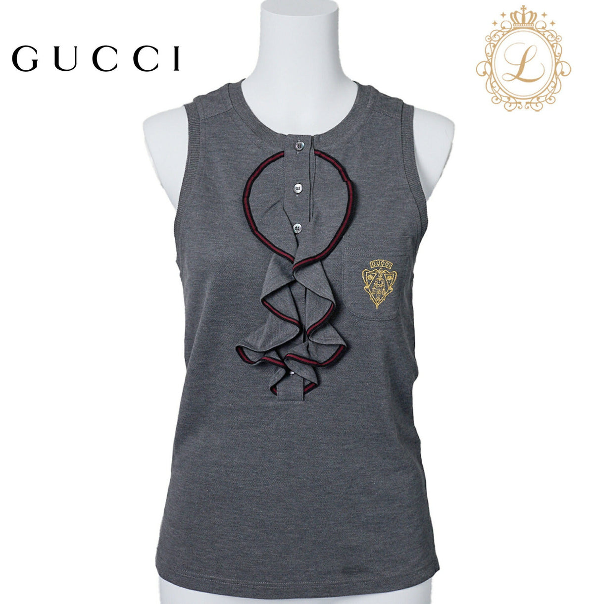 Gebrauchtes T-Shirt, Rüschen, Cut-and-Sew, Baumwolle, Grau, Silberfarbene Metallteile, Gebraucht