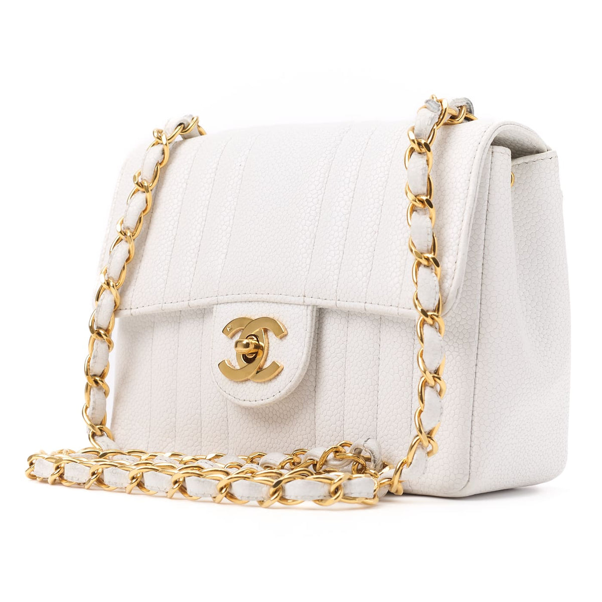 Pre-Owned Mini Mademoiselle Schultertasche mit Drehverschluss und Kette Caviar Skin Weiß Goldfarbene Hardware Pre-Owned