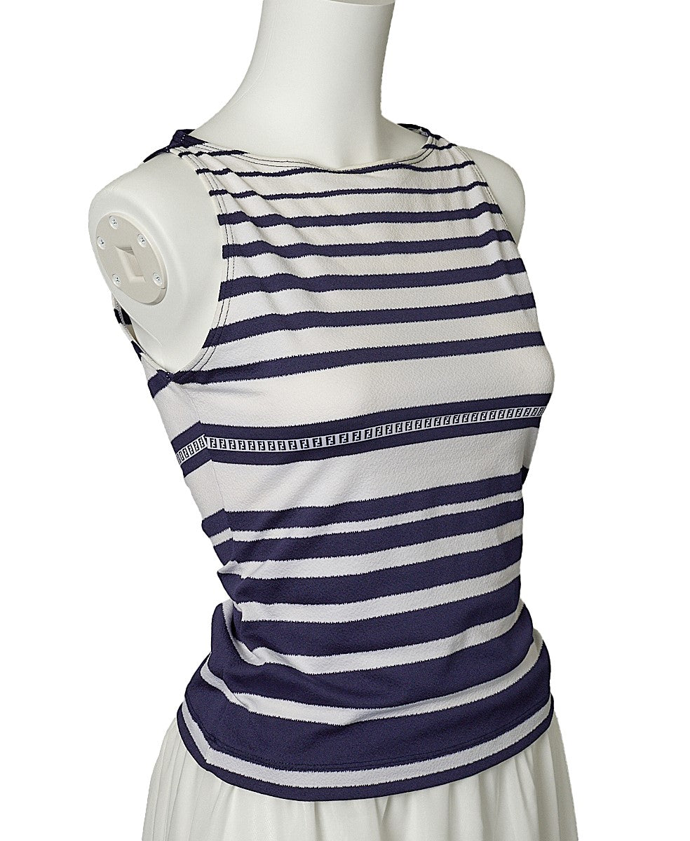 Ärmelloses Cut-and-Sew-Top aus gebrauchtem Nylon-Mix, Marineblau, goldfarbene Metallteile, gebraucht