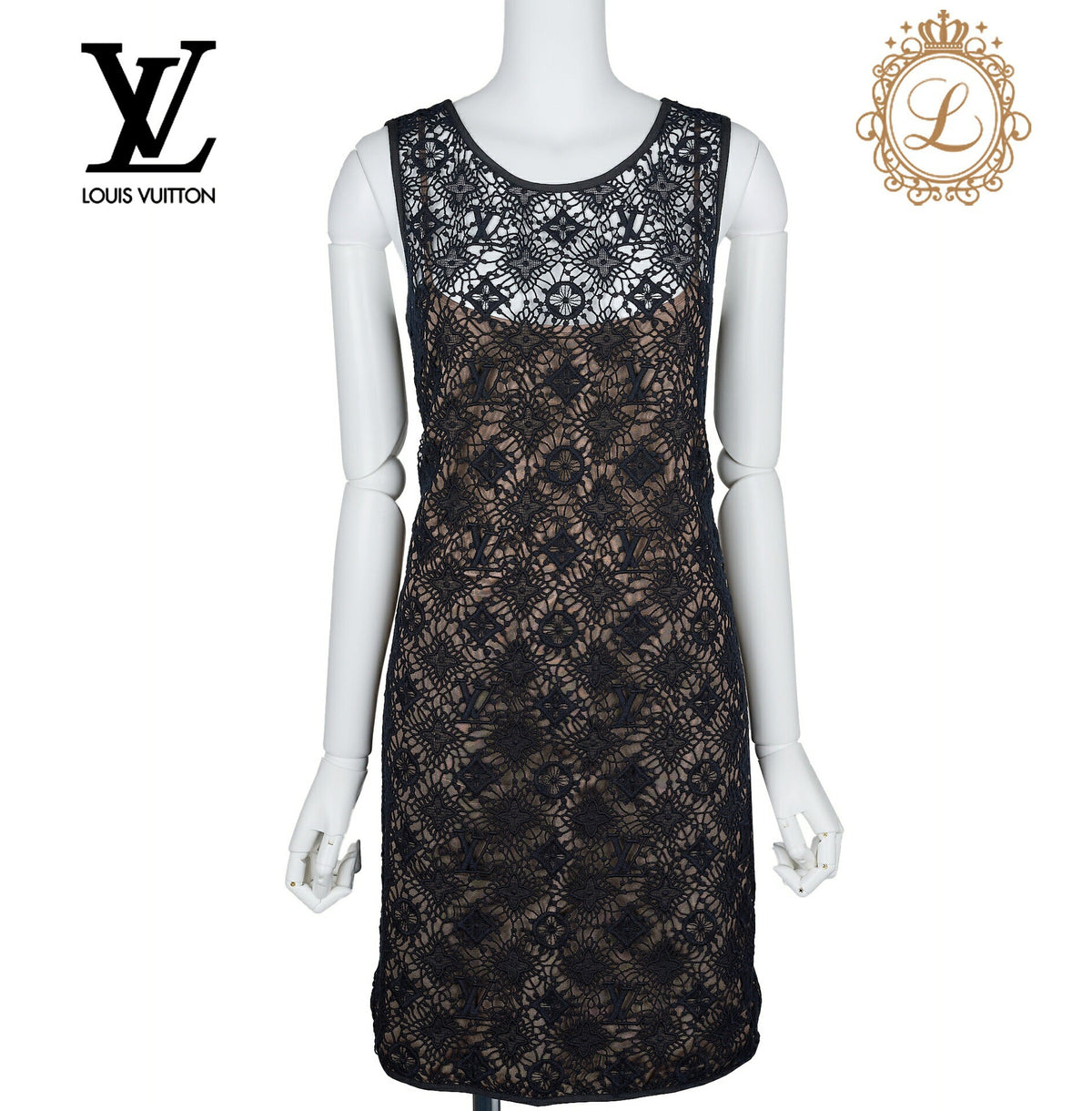 Pre-Owned Vuitton Ärmelloses Einteiler-Top, Monogramm-Stickerei, Baumwolle, Schwarz, Silberfarbene Metallteile, Pre-Owned