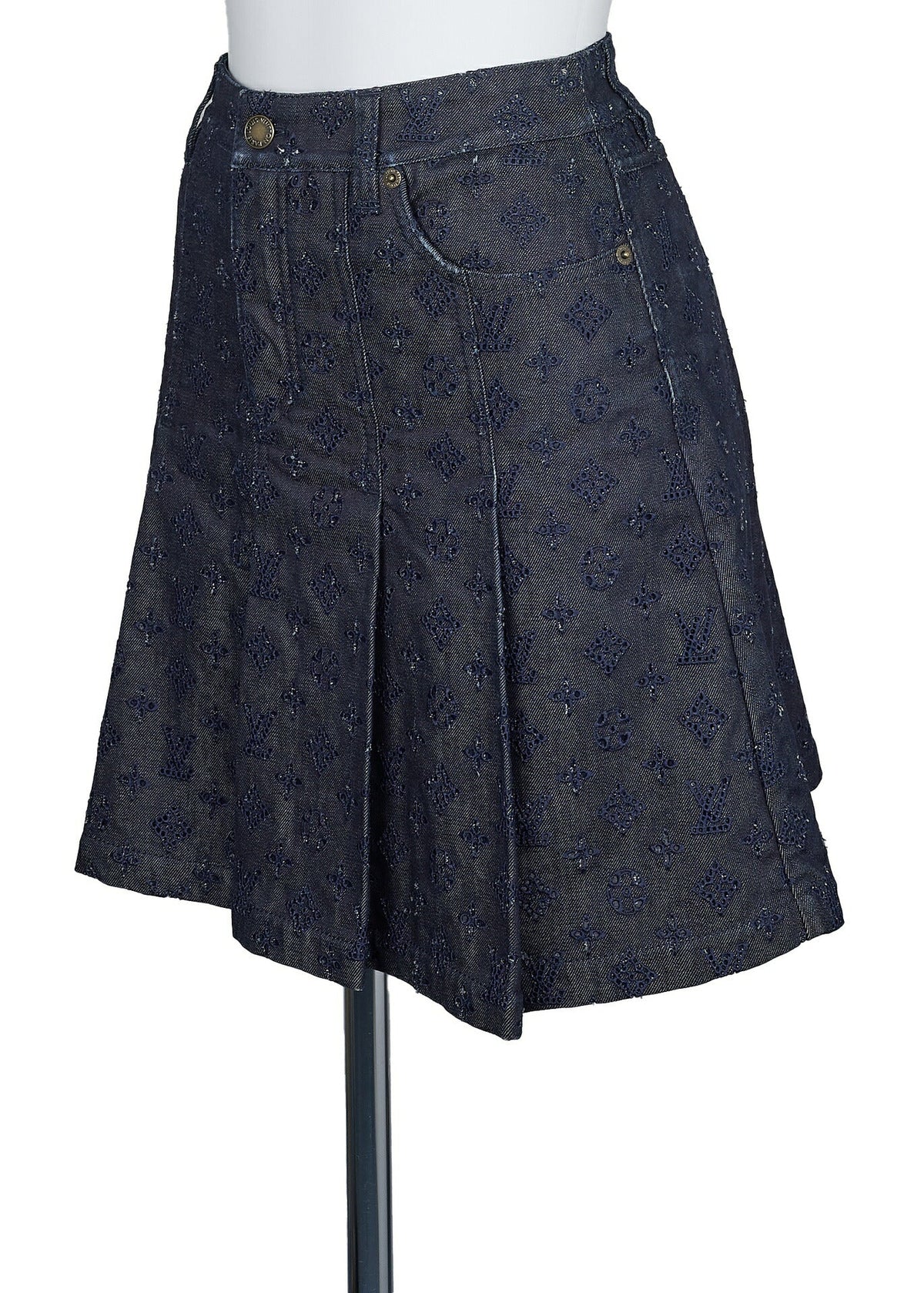 Pre-Owned Vuitton Faltenrock, Monogramm-Stanzung, Baumwolle, Blau, Silberfarbene Hardware, Pre-Owned
