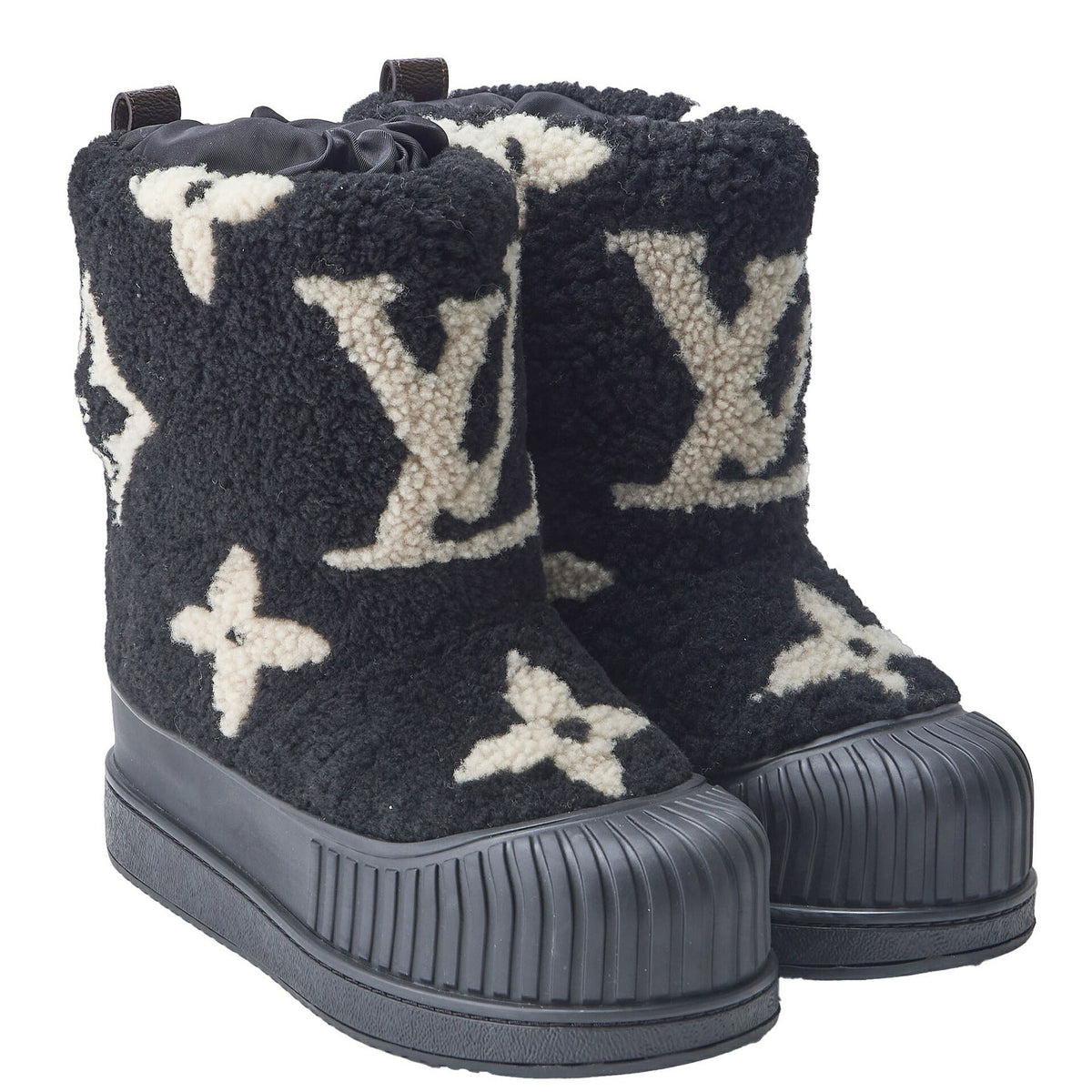 Gebrauchte Vuitton-Stiefel, Polarline-Monogramm, Lammfell, Schwarz, silberfarbene Hardware, Gebraucht