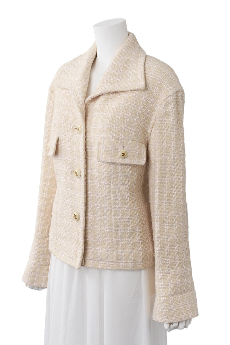 Gebrauchter Jackenmantel, Coco-Knopf, Tweed, Beige, goldfarbene Hardware, gebraucht