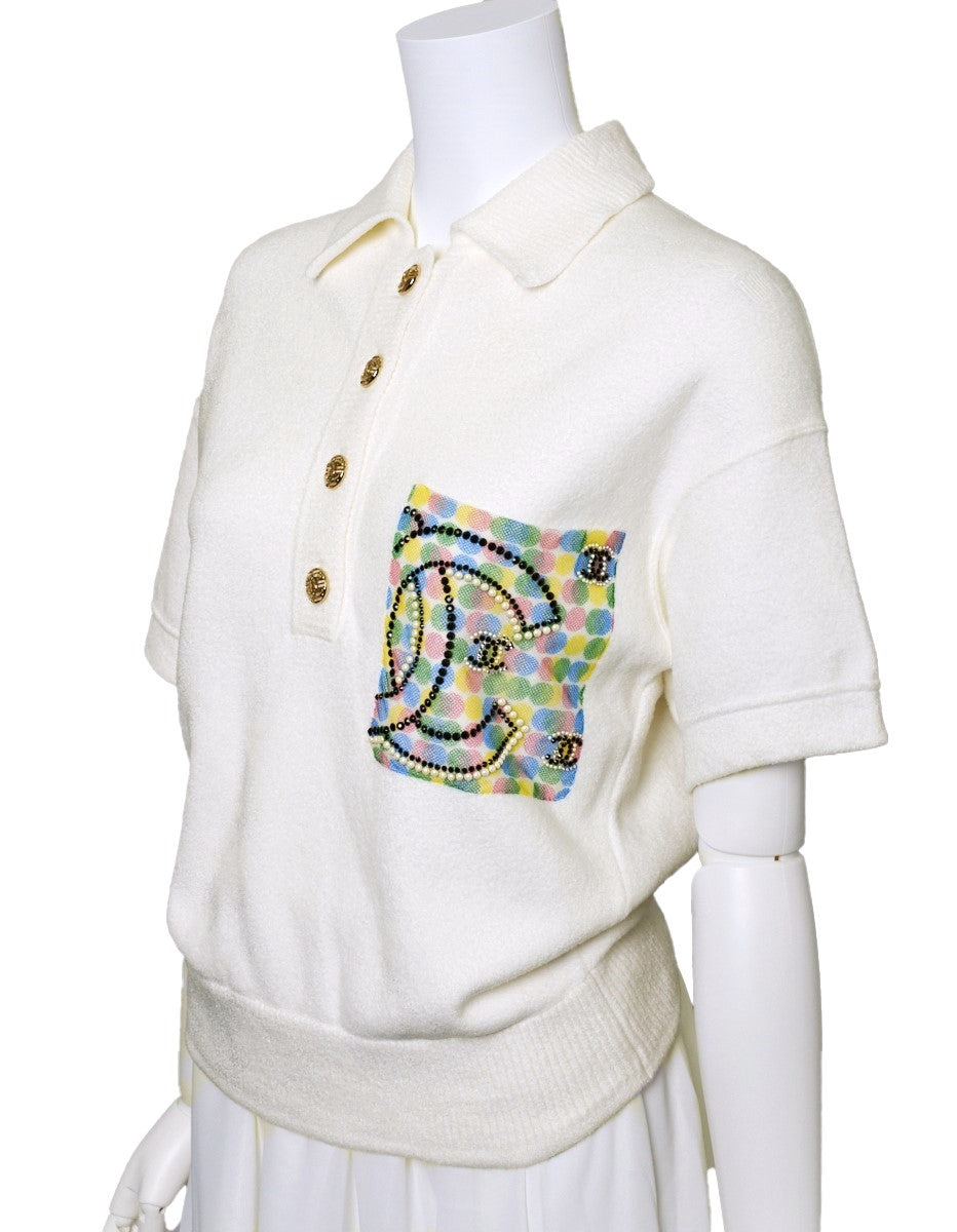Gebrauchtes Poloshirt, Coco Mark, Perlmutt-Coco-Knopf, Baumwolle, Weiß, Goldfarbene Metallteile, Gebraucht
