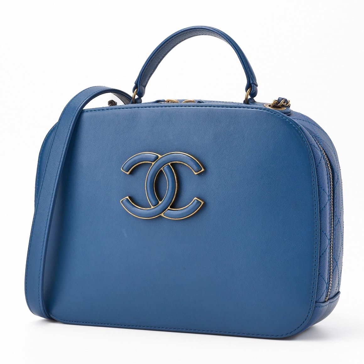 Gebrauchte Big Coco Top Handle 2WAY Chain Schultertasche Lammleder Kaviarhaut Blau Goldfarbene Hardware Gebraucht