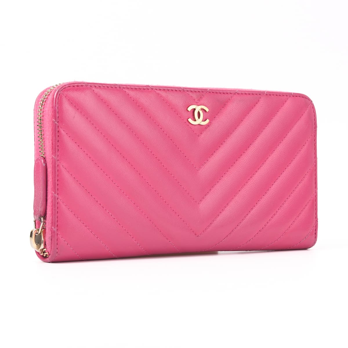 Gebrauchte lange Geldbörse, Matelassé, V-Stich, Lammleder, Pink, goldfarbene Metallteile, gebraucht